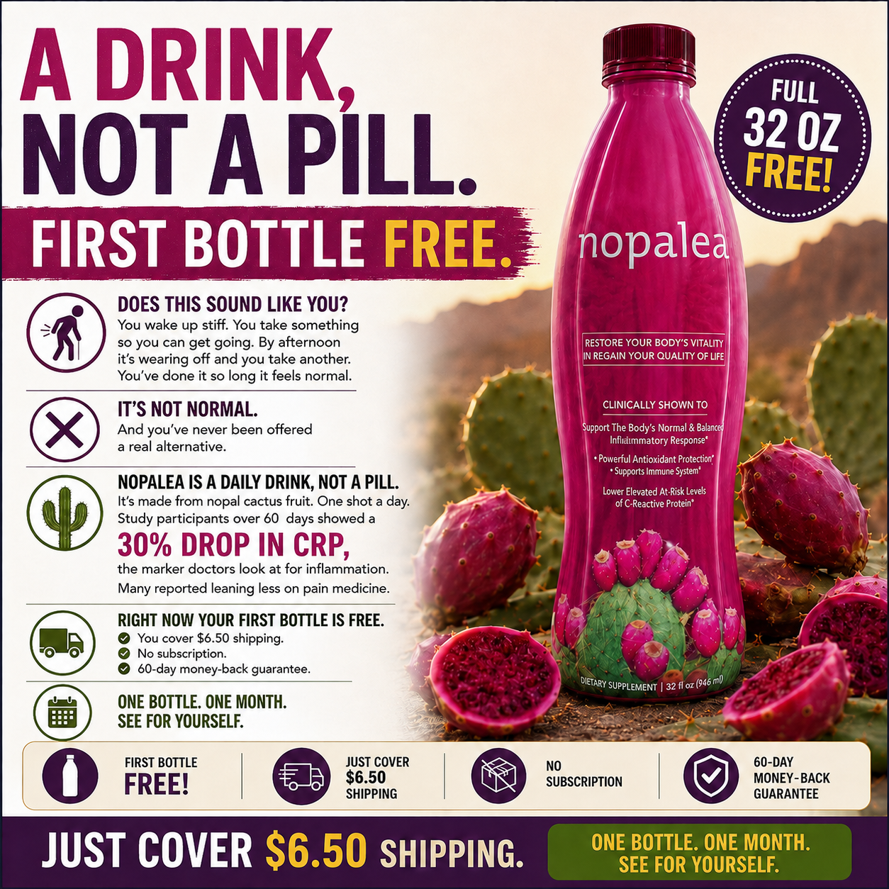 Nopalea ad — a drink, not a pill. First bottle free.