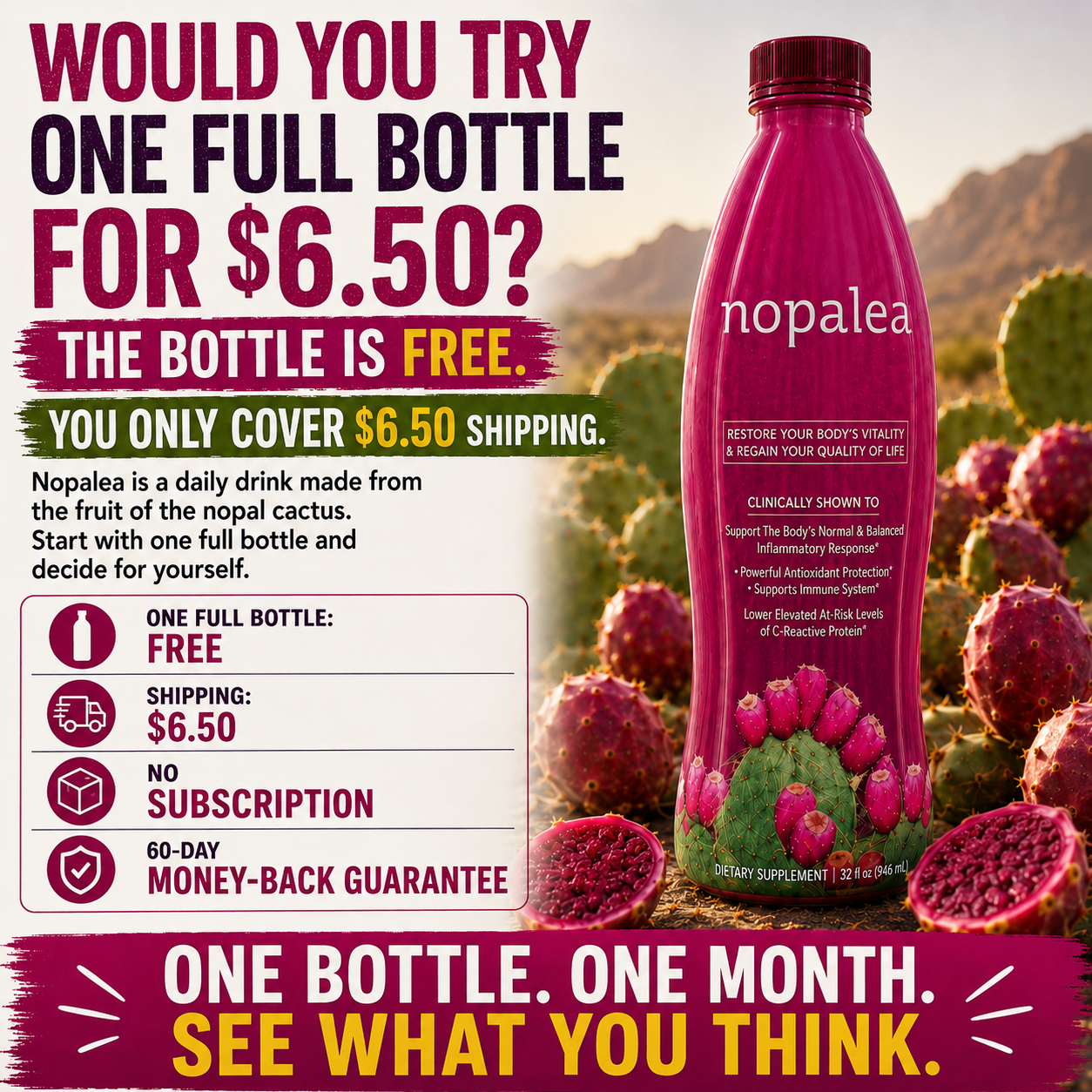 Nopalea ad — try one full bottle for $6.50 shipping.
